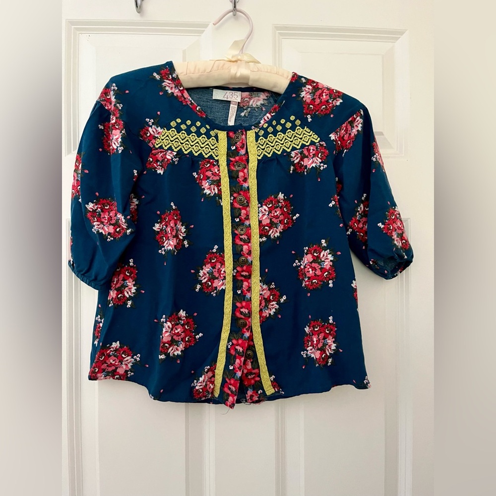 Matilda Jane Floral Blue Blouse with Yellow embroidered Accents.
